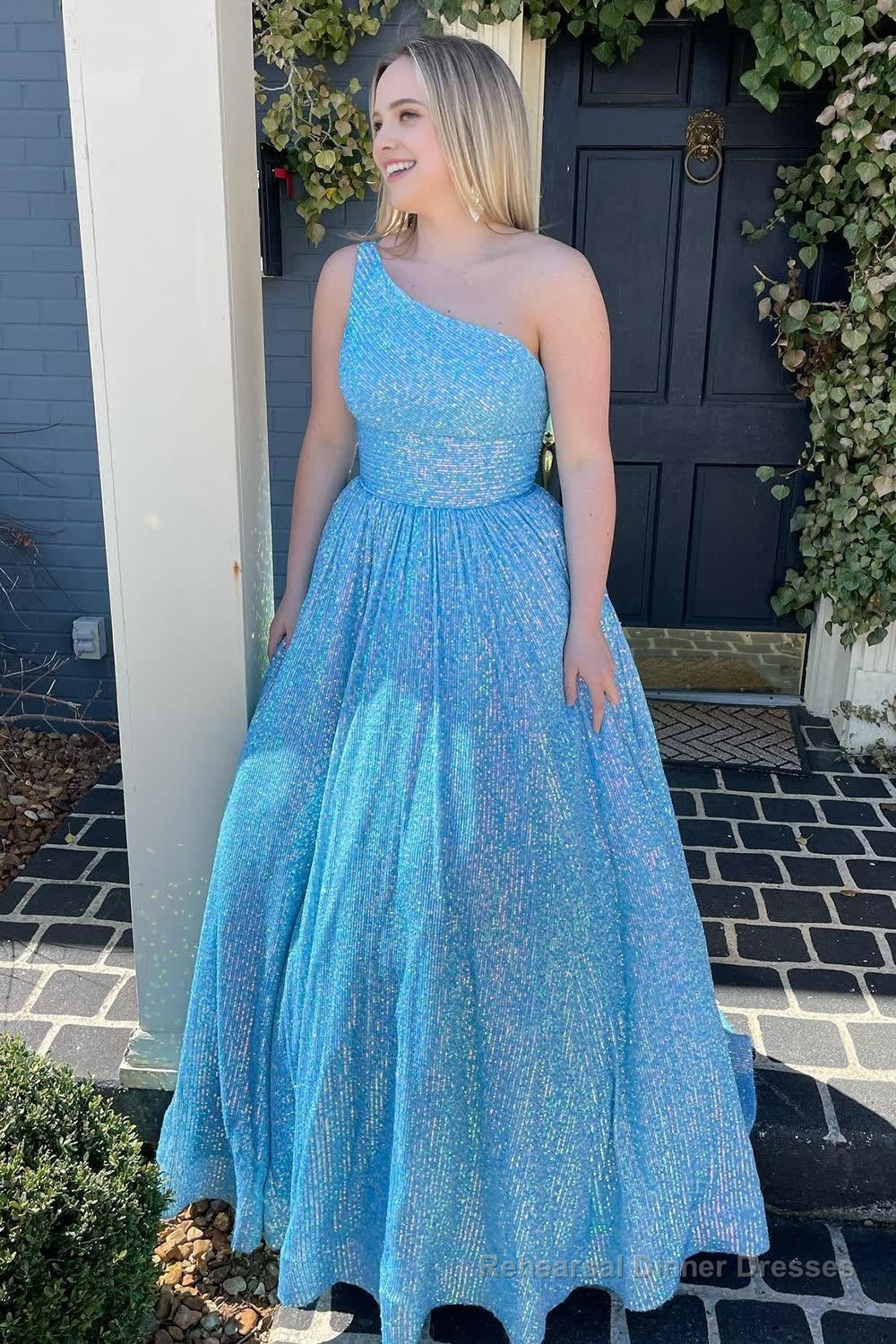 Blue One Shoulder A Line Sequins Prom Dress Main image