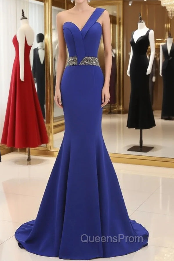 Blue One Shoulder Mermaid Satin Evening Dress With Beading