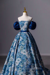 Blue Printed Long A-Line Evening Prom Dress, Blue Off the Shoulder Evening Dress