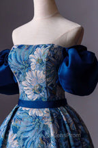 Blue Printed Long A-Line Evening Prom Dress, Blue Off the Shoulder Evening Dress