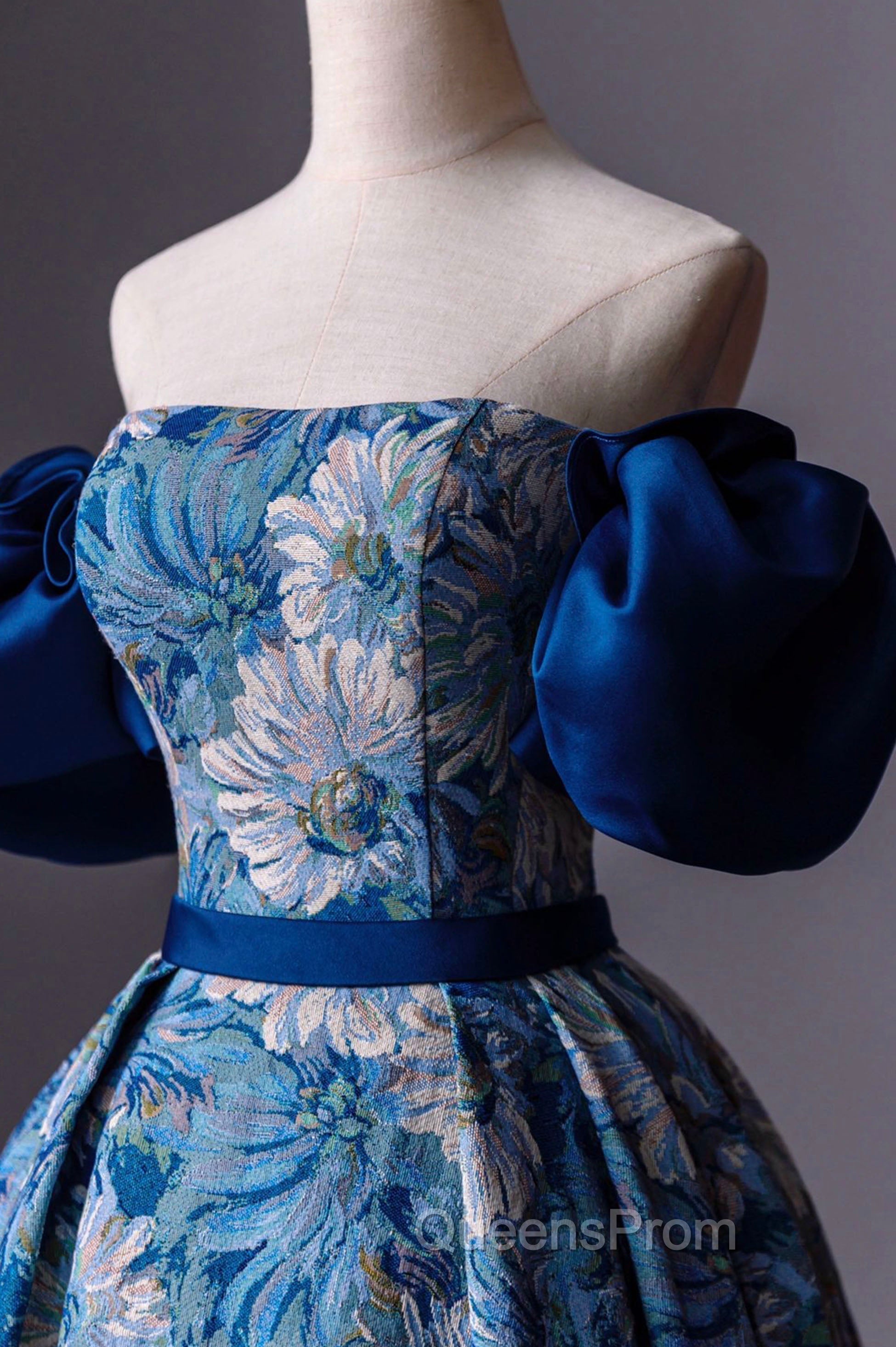 Blue Printed Long A-Line Evening Prom Dress, Blue Off the Shoulder Evening Dress