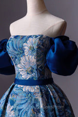 Blue Printed Long A-Line Evening Prom Dress, Blue Off the Shoulder Evening Dress