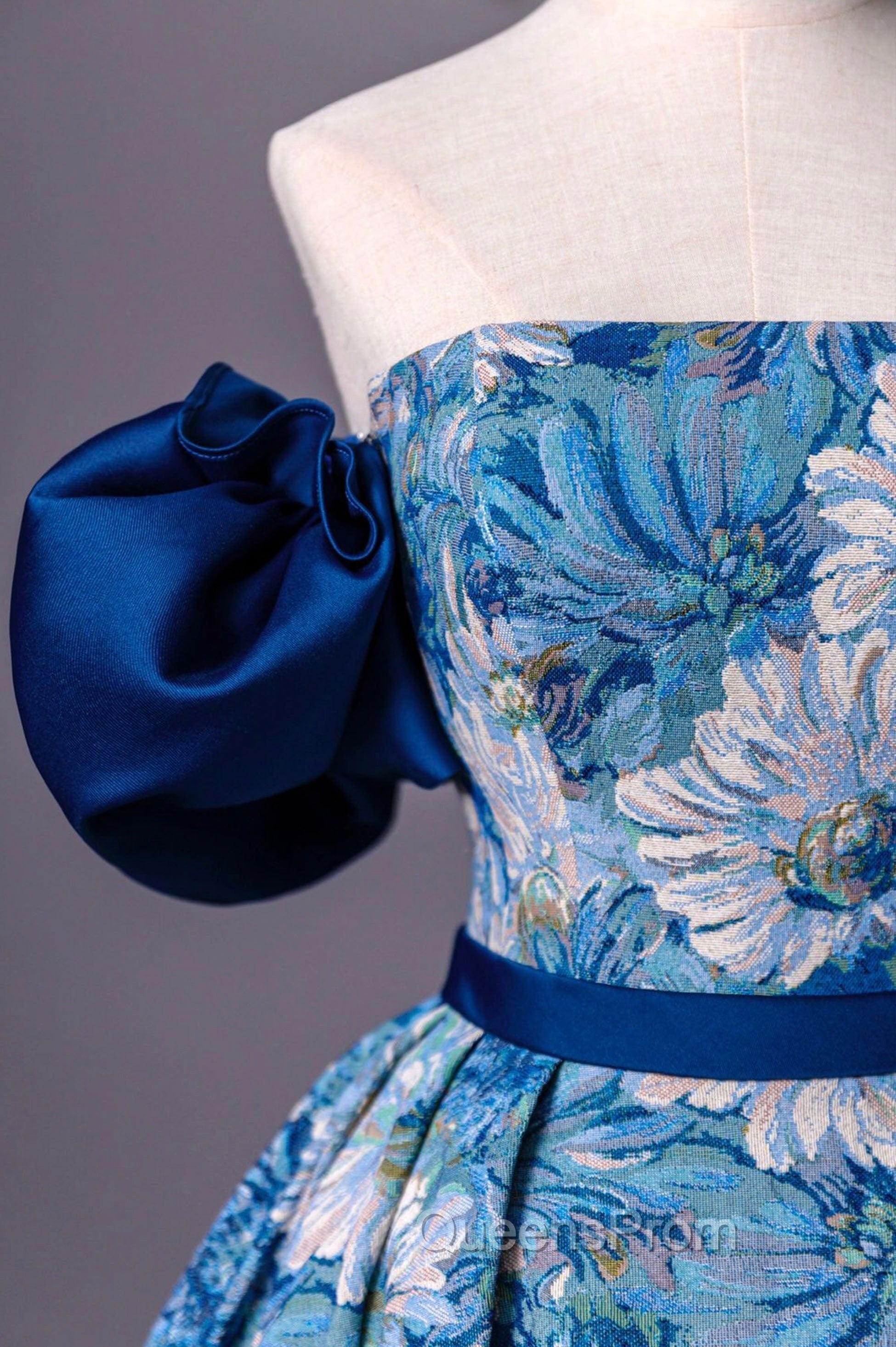 Blue Printed Long A-Line Evening Prom Dress, Blue Off the Shoulder Evening Dress
