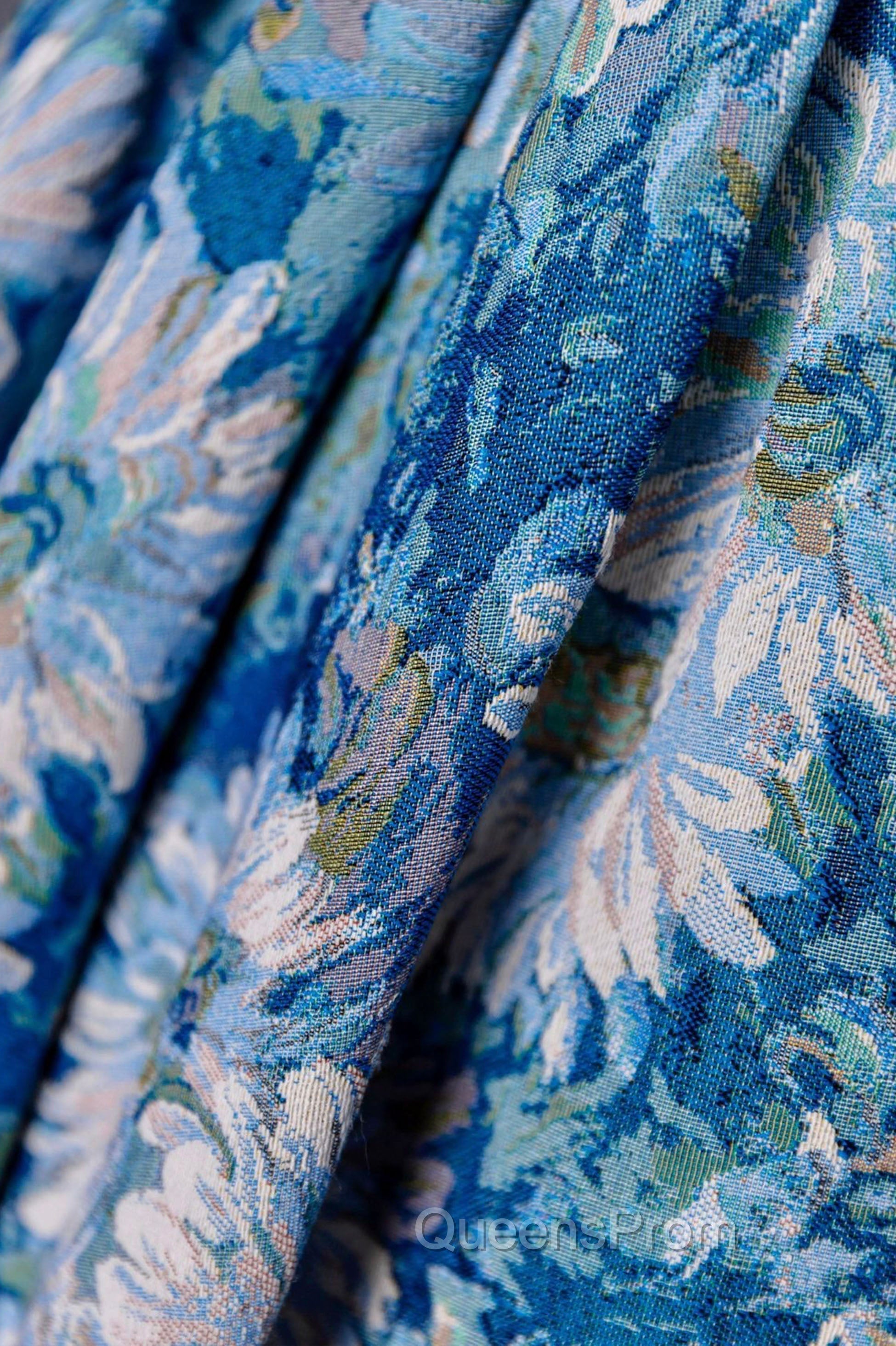 Blue Printed Long A-Line Evening Prom Dress, Blue Off the Shoulder Evening Dress