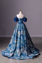 Blue Printed Long A-Line Evening Prom Dress, Blue Off the Shoulder Evening Dress