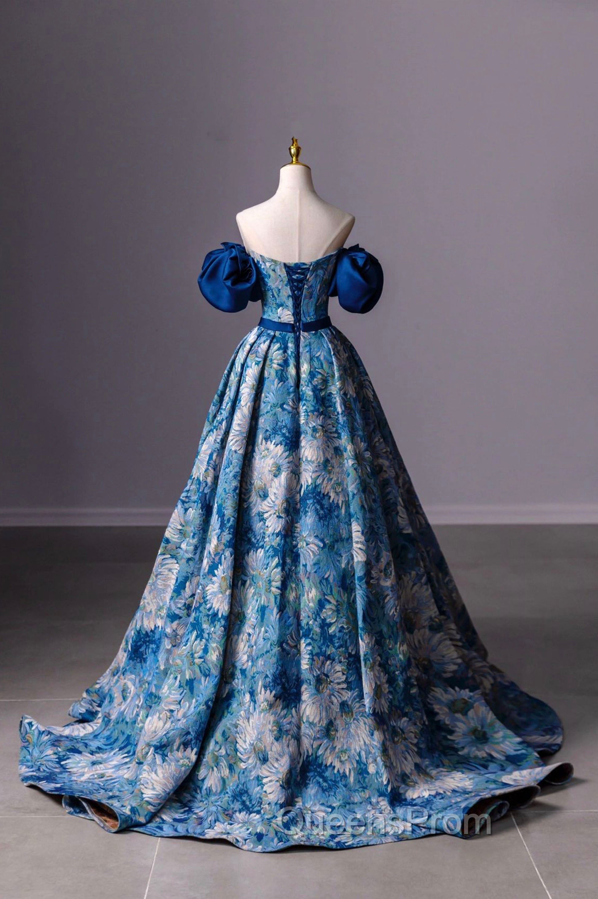 Blue Printed Long A-Line Evening Prom Dress, Blue Off the Shoulder Evening Dress