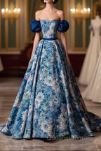Blue Printed Long A-Line Evening Prom Dress, Blue Off the Shoulder Evening Dress