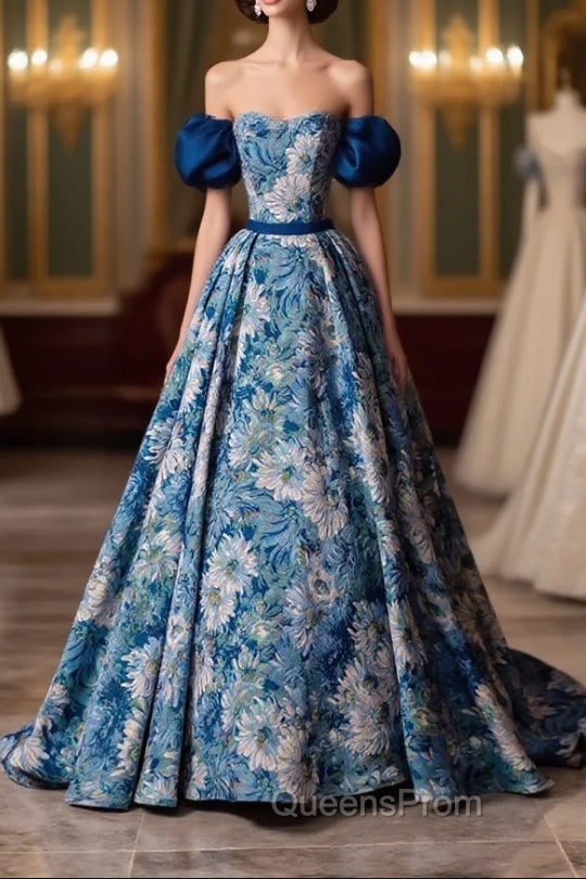 Blue Printed Long A-Line Evening Prom Dress, Blue Off the Shoulder Evening Dress