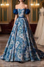 Blue Printed Long A-Line Evening Prom Dress, Blue Off the Shoulder Evening Dress