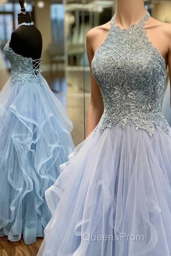 Baby Blue Evening Prom Dress A Line Halter Long Party Evening Dress with Appliques Open Back Main image