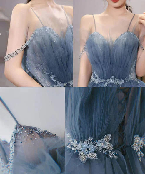 Blue Gorgeous Shiny Elegant Applique Long Tulle Ball Gown Evening Gown Graduation Dress