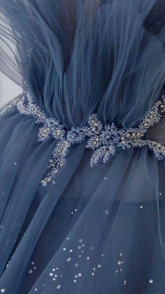 Blue Gorgeous Shiny Elegant Applique Long Tulle Ball Gown Evening Gown Graduation Dress