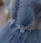 Blue Gorgeous Shiny Elegant Applique Long Tulle Ball Gown Evening Gown Graduation Dress