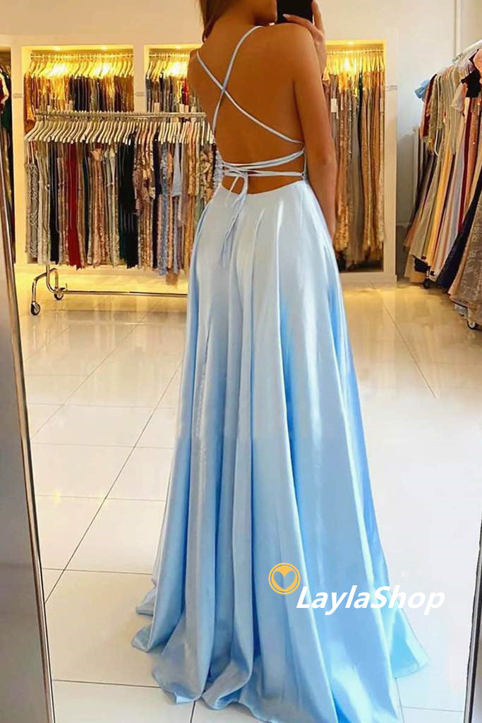 Blue Classy Prom Dress,Halter Long Classy Evening Dress With Side Slit Secondary image