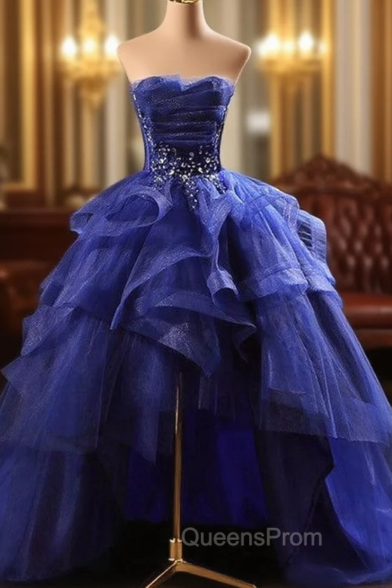 Blue Evening Prom Dress Ruffles Tiered Crystal Beaded Top EveningParty Dress, High Low Evening Prom Dress Secondary image