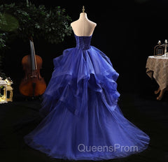 Blue Evening Prom Dress Ruffles Tiered Crystal Beaded Top EveningParty Dress, High Low Evening Prom Dress