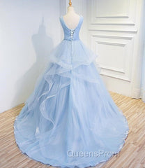 Blue Evening Prom Dress V-neck Ball Gown Sweep Train Party Dress, Sweet 16 Gown