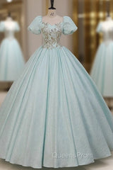 Blue Puff Sleeve Sequins Appliques Quinceanera Dress