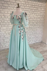 Blue Puffy Sleeve Dress With 3D Flowers