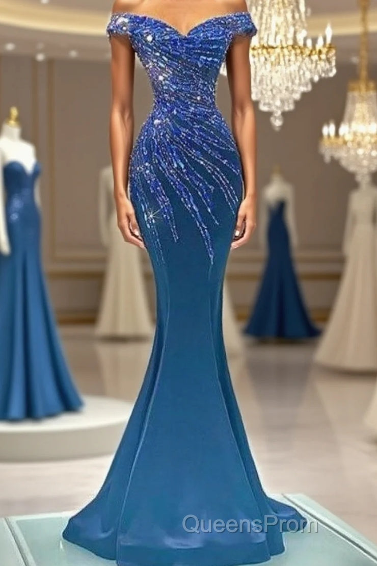 Blue Robe De Soiree Mermaid Off The Shoulder Beaded Crystals Long Evening Prom Dress Evening Prom Gown Evening Dress Main image