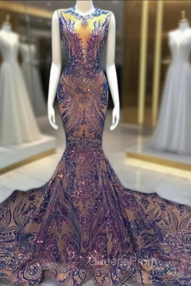 Blue Robe De Soiree Mermaid Scoop Appliques Sequins See Through Long Evening Prom Dress Evening Prom Gown Evening Dress Main image