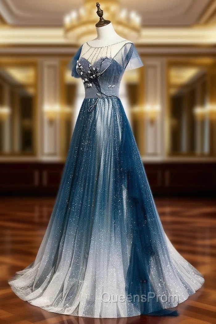 Blue Round Neck Tulle Beads Long Evening Prom Dress, Blue Evening Dress Main image