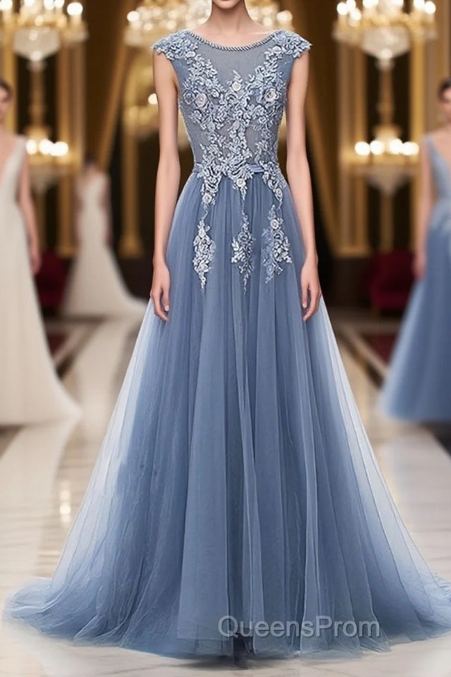 Blue round neck tulle lace applique long Evening Prom Dress, blue evening Dress Main image