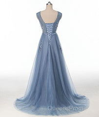 Blue round neck tulle lace applique long Evening Prom Dress, blue evening Dress
