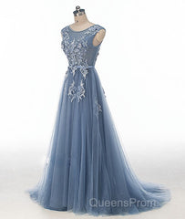 Blue round neck tulle lace applique long Evening Prom Dress, blue evening Dress