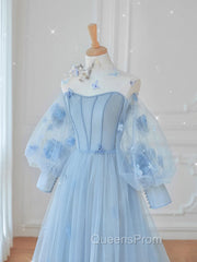 Blue Round Neck Tulle Lace Long Evening Prom Dress, Blue Tulle Evening Dress