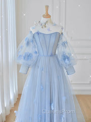 Blue Round Neck Tulle Lace Long Evening Prom Dress, Blue Tulle Evening Dress