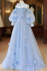 Blue Round Neck Tulle Lace Long Evening Prom Dress, Blue Tulle Evening Dress