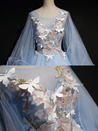 Blue Round Neck Tulle Lace Long Evening Prom Dress, Blue Sweet 16 Dress