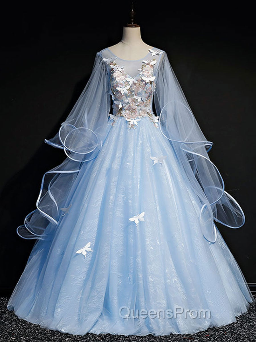 Blue Round Neck Tulle Lace Long Evening Prom Dress, Blue Sweet 16 Dress Main image