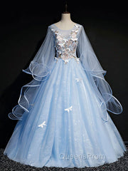 Blue Round Neck Tulle Lace Long Evening Prom Dress, Blue Sweet 16 Dress
