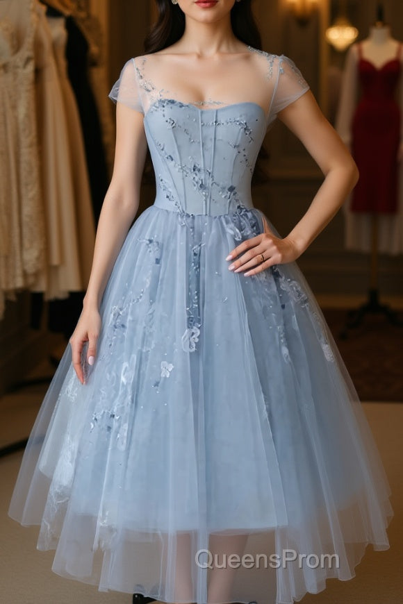 Blue round neck tulle lace short Evening Prom Dress, blue homecoming Dress Main image