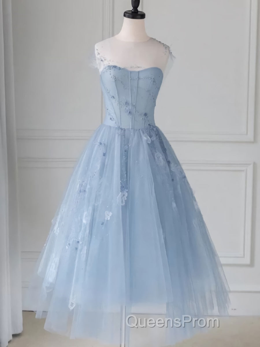 Blue round neck tulle lace short Evening Prom Dress, blue homecoming Dress Secondary image