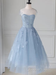 Blue round neck tulle lace short Evening Prom Dress, blue homecoming Dress