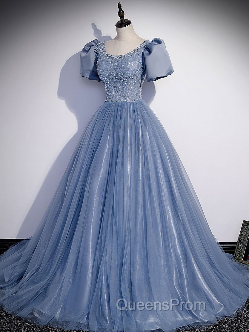 Blue Round Neck Tulle Sequin Beads Long Evening Prom Dress, Blue Evening Dress