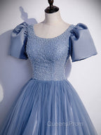 Blue Round Neck Tulle Sequin Beads Long Evening Prom Dress, Blue Evening Dress