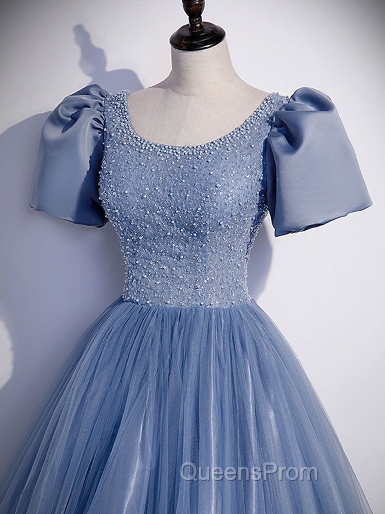 Blue Round Neck Tulle Sequin Beads Long Evening Prom Dress, Blue Evening Dress