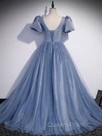 Blue Round Neck Tulle Sequin Beads Long Evening Prom Dress, Blue Evening Dress