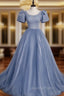 Blue Round Neck Tulle Sequin Beads Long Evening Prom Dress, Blue Evening Dress
