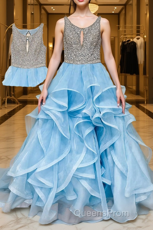 Blue round neck tulle sequin long Evening Prom Dress blue tulle formal Dress