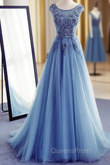 Blue Round Neckline Long Applique Elegant Senior Evening Dress, Long Party Gowns