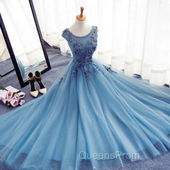 Blue Round Neckline Long Applique Elegant Senior Evening Dress, Long Party Gowns