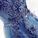 Blue Round Neckline Long Applique Elegant Senior Evening Dress, Long Party Gowns