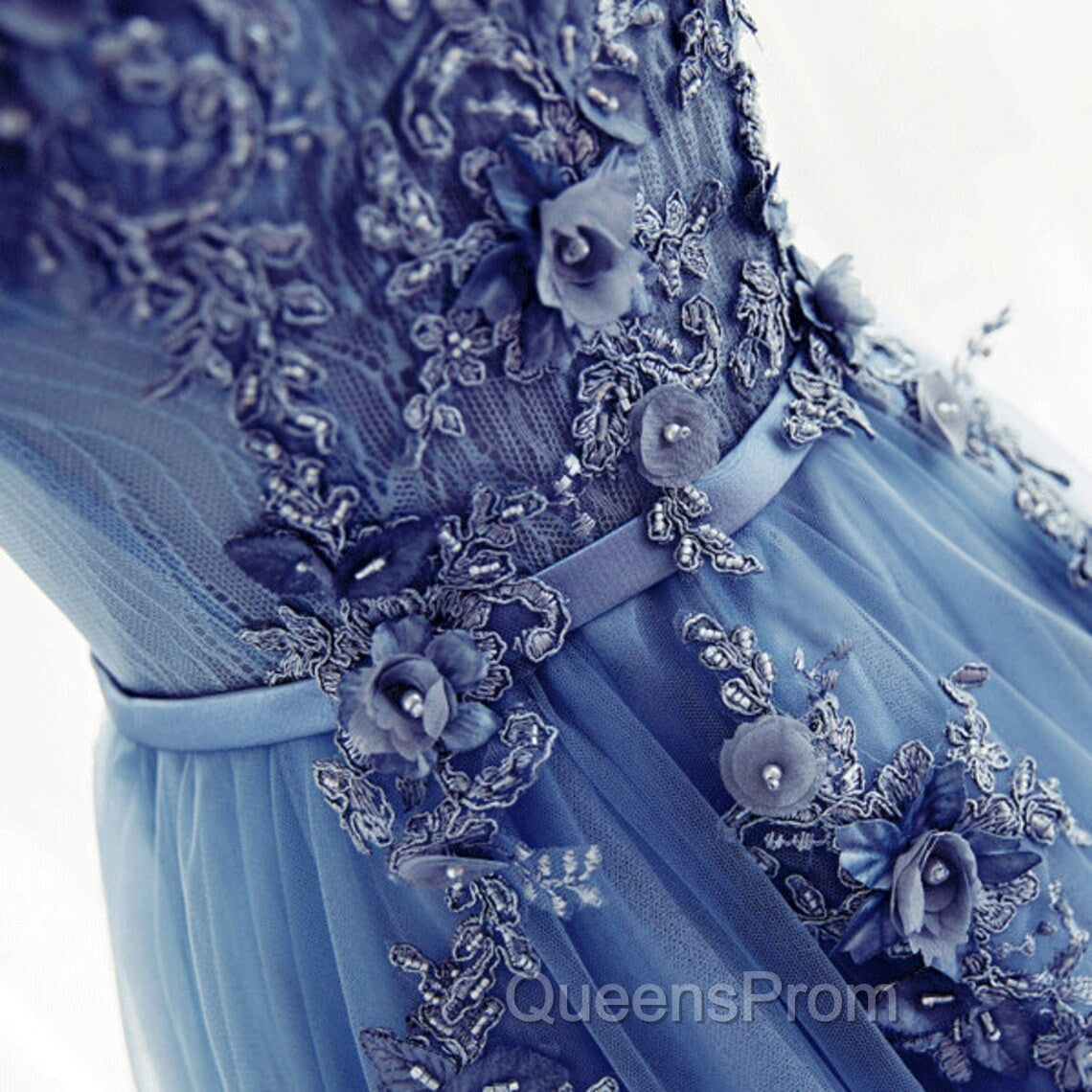 Blue Round Neckline Long Applique Elegant Senior Evening Dress, Long Party Gowns