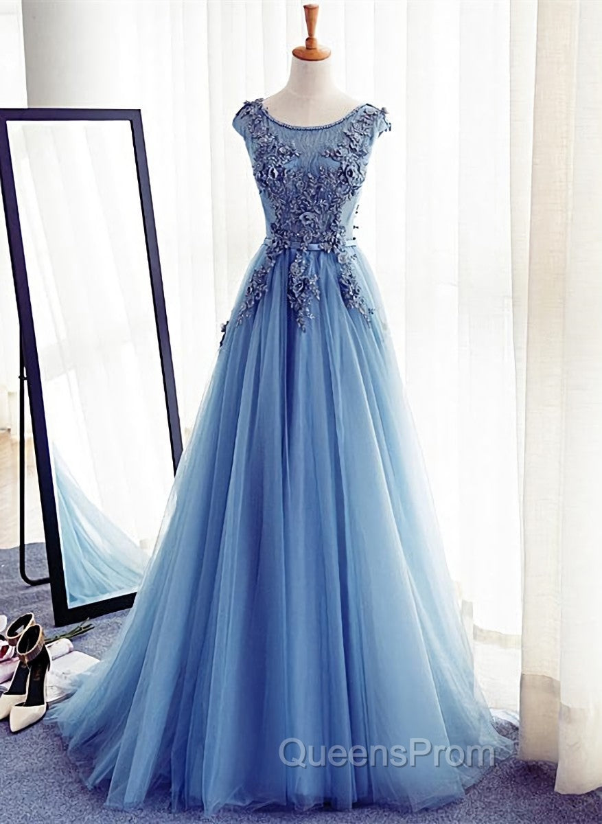 Blue Round Neckline Long Applique Elegant Senior Evening Dress, Long Party Gowns Main image