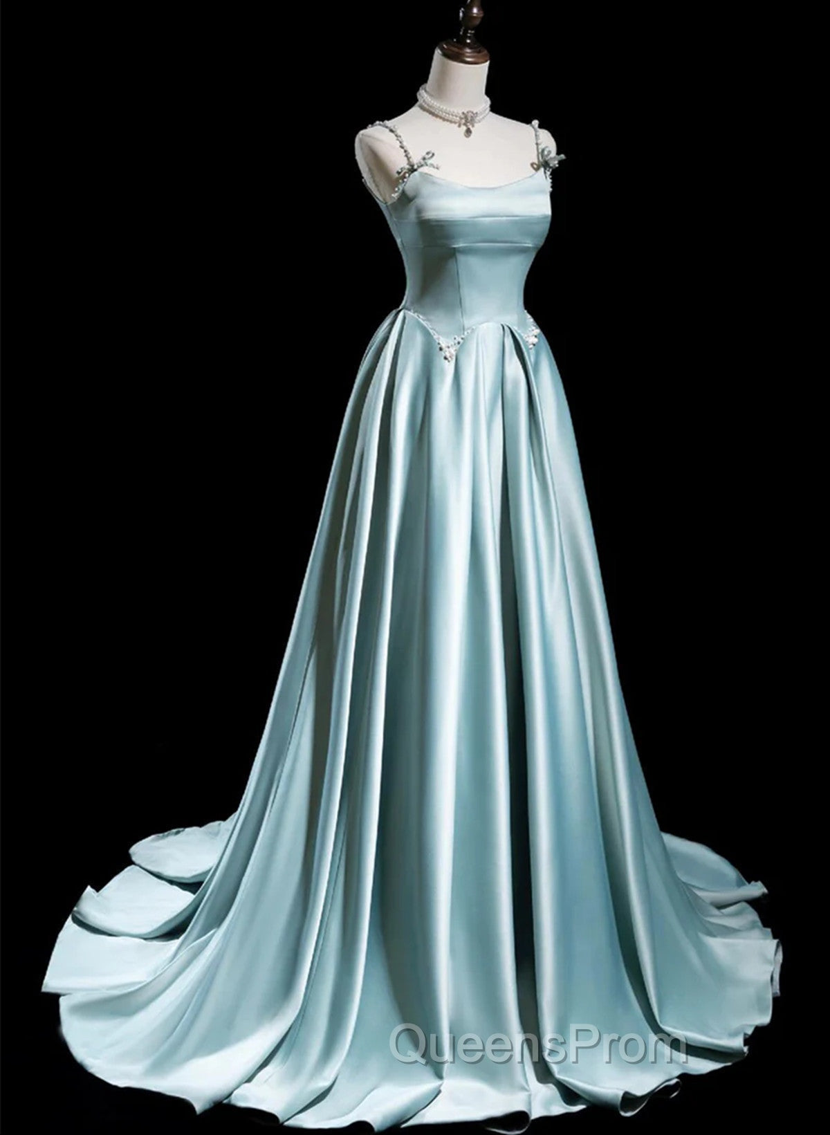 Blue Satin A-line Beaded Long Party Dress Evening Prom Dress, Blue Evening Dress
